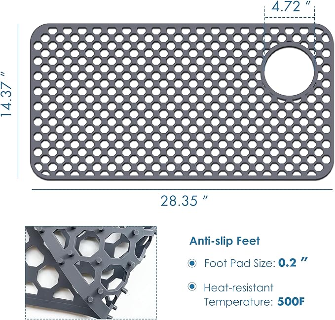 Flytime Silicone Sink Protectors for Kitchen Sink with Right&Left Drain, 28.35"x 14.37" Kitchen Grid Accessory, Non-Slip Heat-Resistant Mat for Bottom of Farmhouse Porcelain Stainless Steel