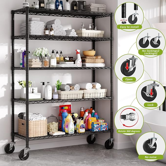 MODCART 48" W x 20" D x 72" H Wire Shelving Unit with Lockable Wheels, 5-Tier Heavy Duty Garage Shelves, 400 lbs Per Shelf Capacity, Industrial Storage Rack for Garage Pantry Kitchen