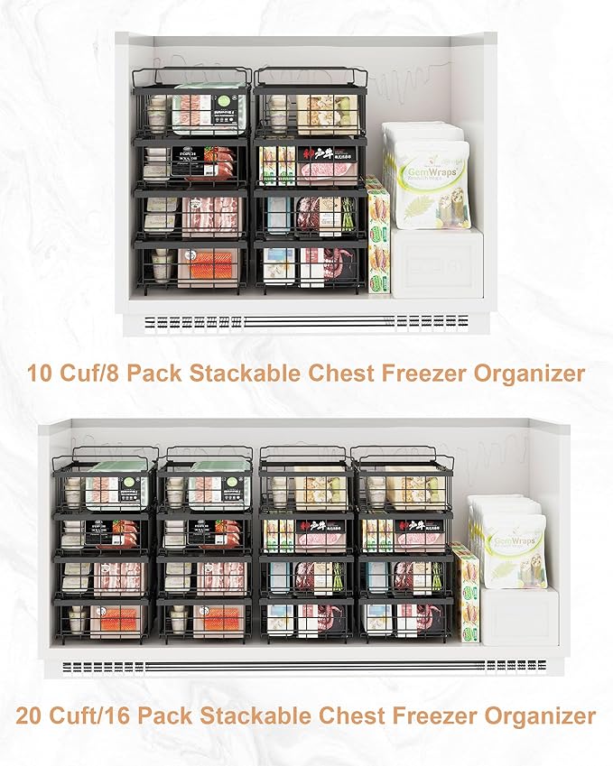 UMDONX 4-Pack Expandable Stackable Chest Freezer Organizer Bins - Large, Adjustable from 11.4" to 17.9", Fits 10-20 Cu. Ft. Freezers, Black