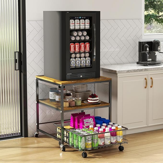 Hadulcet 3-tier Mini Fridge Stand with Storage Basket - Rolling Mini Fridge Cabinet with Wheels, Heavy Duty 21"L* 21"W Fridge Cart, Sturdy Metal Frame, for Home, Apartment, Office, Dorm, Rustic Brown