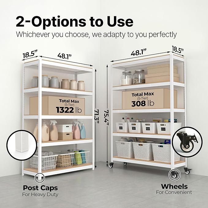 HOMEDANT House 5-Tier Metal Rolling Cart Shelf Rack Casters Heavy Duty Laminated Wheel Shelving Unit Adjustable Utility Storage Shelves Organizer Shelf Kitchen Garage (2, (L) 48.1" W, White)