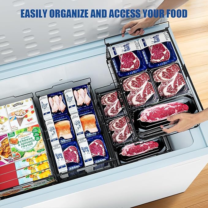 3PCS Freezer Organizer Bins,Stackable Chest Freezer Organizer for 7 Cu.FT Deep Freezer Sort Frozen Food, Easily Get Food from the Bottom with Side Handles Add Storage Space