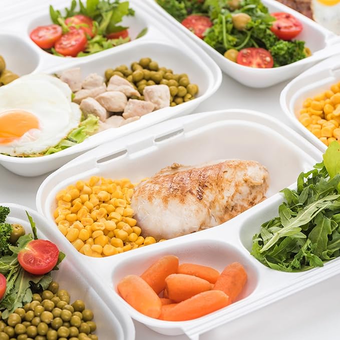 Freshware Clamshell Food Containers with Lids [8x8"] 3-Compartment 200-Pack, Disposable To Go Containers, Biodegradable Sugarcane To Go Boxes - Paper Containers - Microwave & Freezer Safe, Stackable