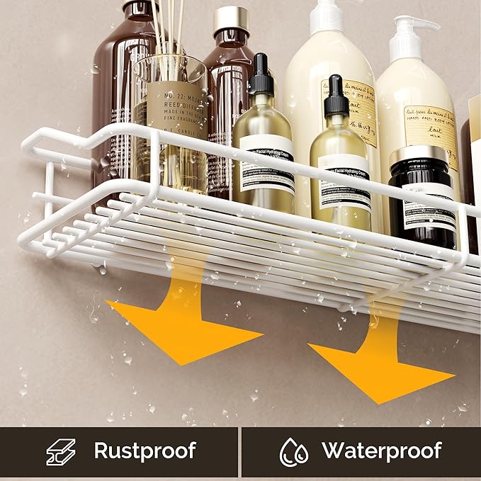 Orimade Bathroom Shelf Organizer Shower Caddy Storage Kitchen Rack with Traceless Transparent Adhesive No Drilling SUS304 Stainless Steel, 15.75inch, White