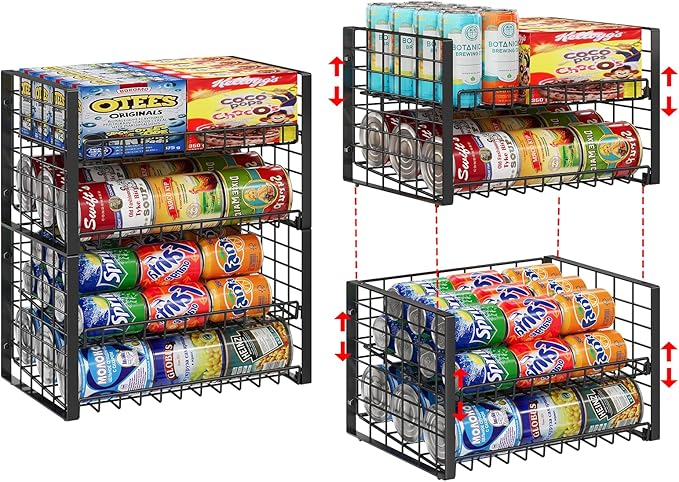 2-Pack Stackable Can Organizer for Pantry, Adjustable Can Holder Rack for Canned Food Soda Drink Goods Storage up to 36 Cans Storage, 2 Tier, Black
