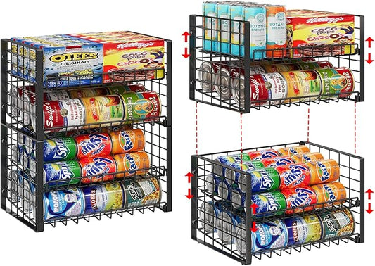 2-Pack Stackable Can Organizer for Pantry, Adjustable Can Holder Rack for Canned Food Soda Drink Goods Storage up to 36 Cans Storage, 2 Tier, Black