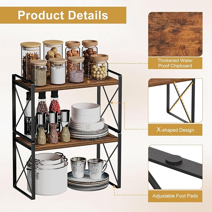 Giikin Kitchen Countertop Organizer, Set of 2 Kitchen Counter Shelf, Spice Rack Riser Shelf for Cabinet Desk Counter (7.8" D x 15.7" W x 18.8" H, Rustic Brown)