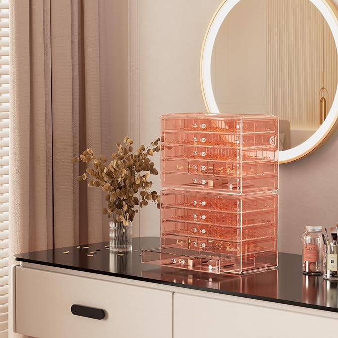 ProCase Acrylic Earrings Holder Organizer Box, Large Clear Earring Jewelry Storage Transparent Stackable Drawers Jewelry Display for Earring Ring Bracelet -Pink, 10 Layers