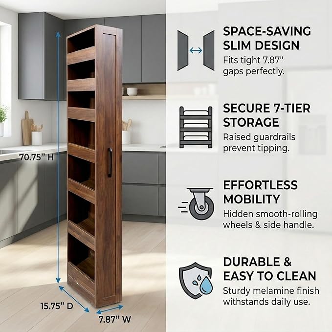 Slim Rolling Storage Cart, 7-Tier Pull-Out Spice Rack with Handle & Wheels, Narrow Kitchen Organizer for Next to Fridge, Pantry, Laundry Room, 7.87 Inch Wide Space Saver (Walnut, Hidden Wheels)