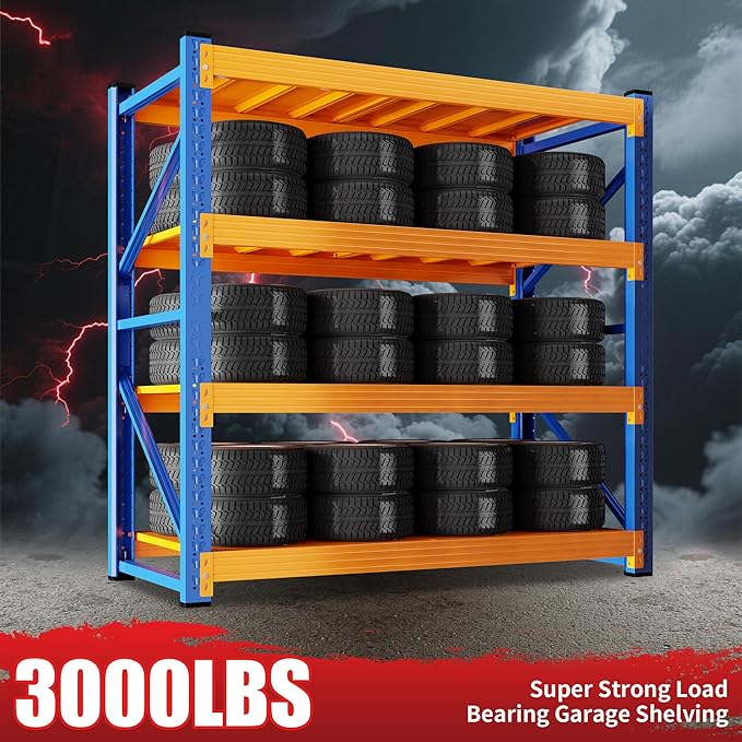 48" W Garage Shelving 3000LBS Garage Shelving Heavy Duty 4-Tier Metal Storage Shelves Adjustable Shelf Unit Storage Rack for Basement Supermarket Warehouse 48" W x 20" D x 78" H Blue-Orange