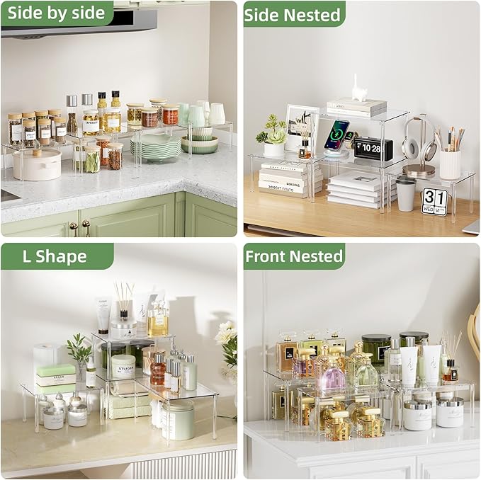 Delamu Clear Kitchen Cabinet Organizer, Set of 4 Acrylic Shelves Organizer for Kitchen Pantry Organizers and Storage, Stackable Cabinet Organizer Shelf for Plate & Dish, 11.7" D x 7.7" W x 6.3" H