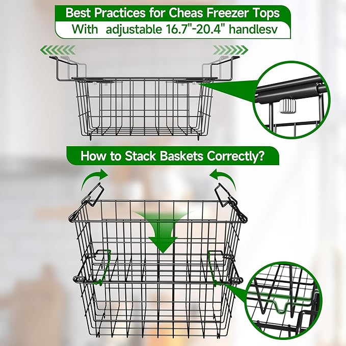 Freezer Baskets for Chest Freezer, Freezer Organizer Bins, 2 Pack Stackable Deep Chest Freezer Organizer & 1 Pack Adjustable Hanging Chest Freezer Organizer for 5-7 Cu.FT Deep Freezer Sort Frozen Food