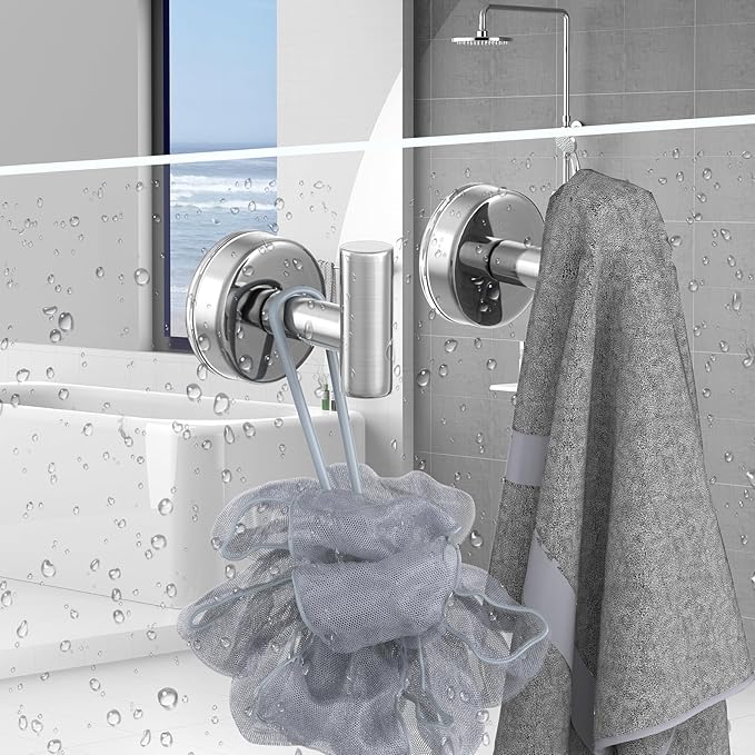 VINHOLD Suction Cup Hooks for Shower, Shower Hooks for Hanging Towels, Robes, Bath Balls, Stainless Steel Towel Hooks for Bathroom Wall, Glass Door, Kitchen, Mirror, Tile (2 Pack，Silver)