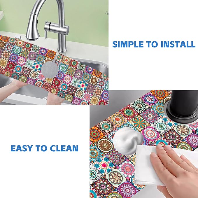 Vintage Boho Mandala Floral Kitchen Sink Splash Guard Mat Absorbent Fast Drying Mat Faucet Draining Mat Sink Splash Guard Behind Faucet Drip Catcher for Kitchen Bathroom 5.5"×24"