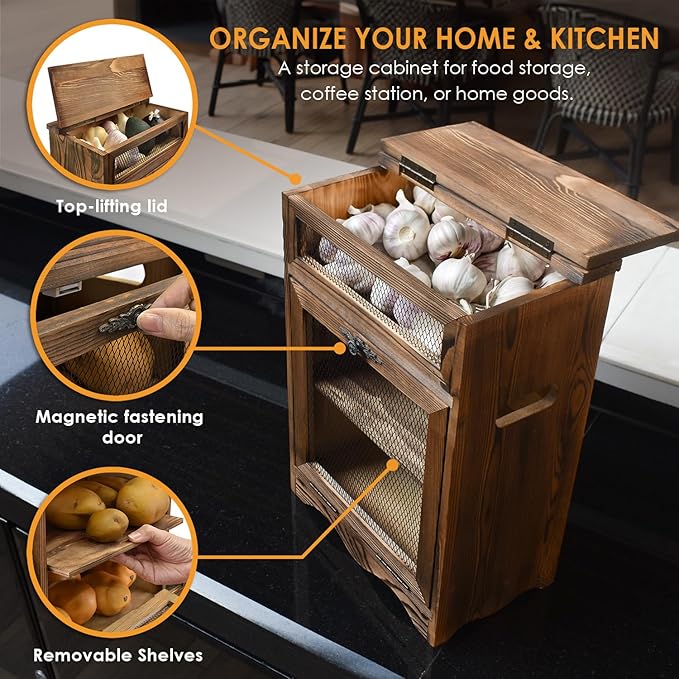 Ikee Design Free Assemble Wooden Countertop Potato and Onion Storage Bin Box,Countertop Cabinet, Wooden Bread Boxes, Potato Storage, Coffee Station, 11.8W x 6.8D x 16H in, Rustic Color