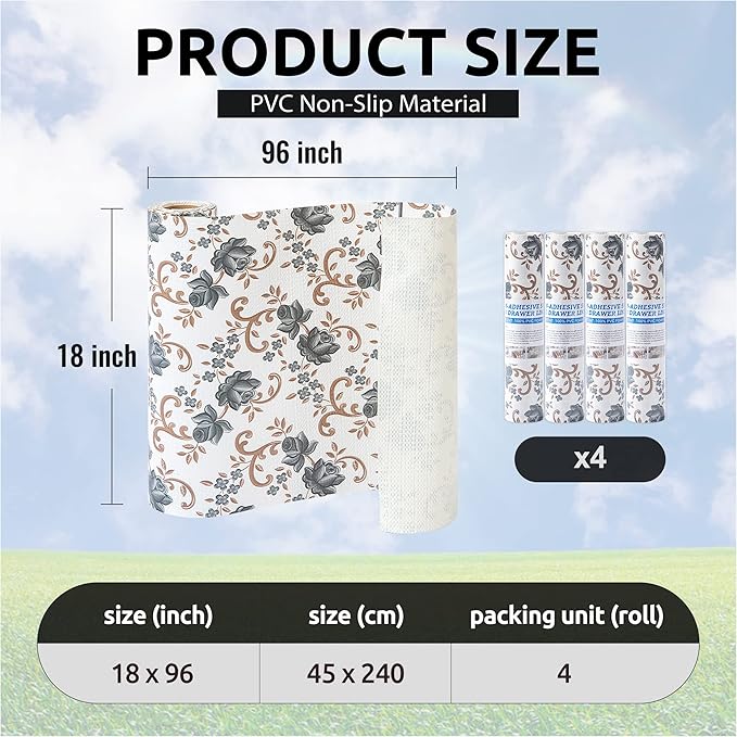 FIFTY FEET 18X96 Inch Shelf Liner for Kitchen Cabinets, PVC Drawer Liner for Dresser Non-Slip Bathroom, Non-Adhesive Cabinet Liner Washable (Black Floral)(4 Roll)