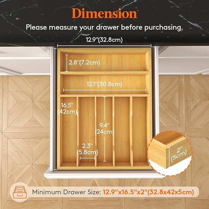 Lifewit Silverware Drawer Organizer, Utensil Tray for Kitchen, 7 Slot Bamboo Flatware and Cutlery Holder, Wood Storage for Spoons Forks Knives, 12.9 x 16.5 Inches, Natural