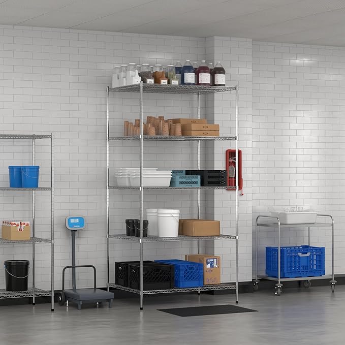 Commercial NSF Listed Chrome Stationary Wire Shelving Kit 36" x 48" x 96", with 5 Shelves Perfect for Warehouse, Walk-in Refrigerator, Freezer, Grocery Store, Restaurant, Dishroom