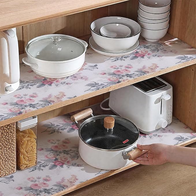 Amiitay Drawer and Shelf Liner for Cabinets, 12IN x 20FT Non-Adhesive and Strong Non-Slip Vintage Floral Shelf Cabinet Drawer Liners for Kitchen,Table,Bookshelves,Waterproof Cupboard Liners