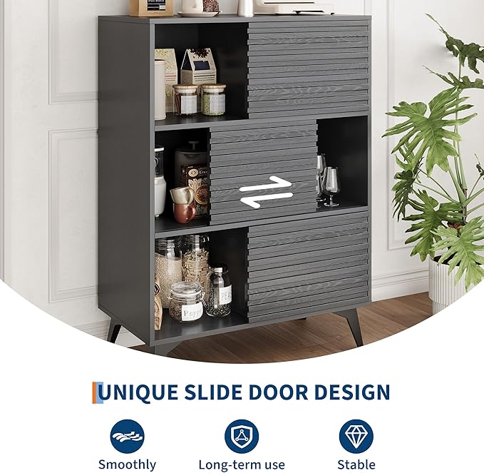 IDEALHOUSE Fluted Cabinet with Sliding Doors, Modern Wooden Storage Cabinet with Metal Base, 31 Inch Sideboard Cabinet with Storage for Dining Room,Living Room, Entryway