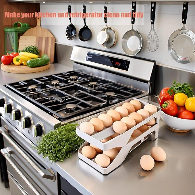 Egg Holder for Fridge,Automatic Rolling Egg Dispenser for Refrigerator Organizers and Storage,28 Egg Tray For Refrigeratorand Space Saving Storage for Gathering Fresh Egg Holder Countertop(grey)