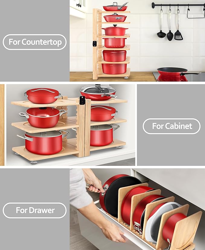 Pot and Pan Organizer under Cabinet - Collapsible Wood Pot Organizers inside Cabinet for Heavy Duty - 6-Tier Adjustable Pan Pack - Perfect to Store Pots/Pans/Lids