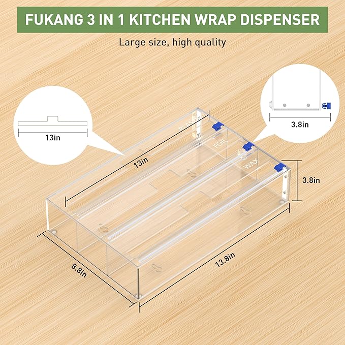 Foil and Plastic Wrap Organizer, 3 in 1 Kitchen Wrap Dispenser, Drawer Aluminum Foil Organization and Storage, Wall-Mounted Holder