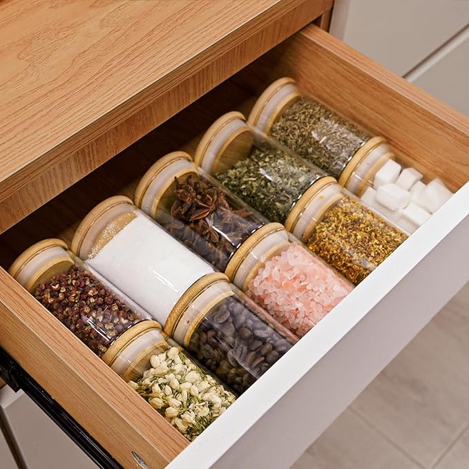 6oz Glass Food Storage Jars, Glass Jars with Bamboo Lids, Kitchen Storage Jars, Set of 12, Canisters with Airtight Lids for Spice, Coffee, Cookie, Pantry Organizers