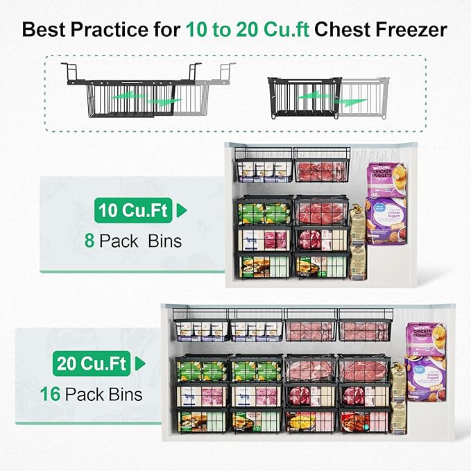 iSPECLE Large Expandable Freezer Organizer Bins - 4 Pack Chest Freezer Organizer Bins, for 10 to 20 Cu.FT Deep Freezer, 1 Hanging Basket and 3 Stackable Freezer Bins, Black