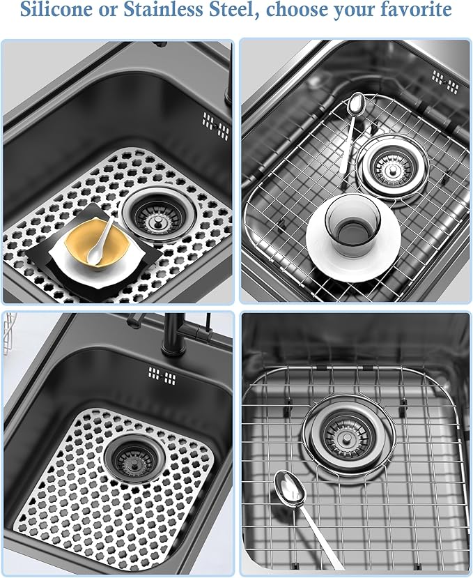 BEHOK 2 Pack Silicone Sink Protector for Kitchen Sink Bathroom, 13.58" x 11.6" Heat-resistant Sink Mat Non-Slip and Durable Silicone Protectors, Rear Drain, White