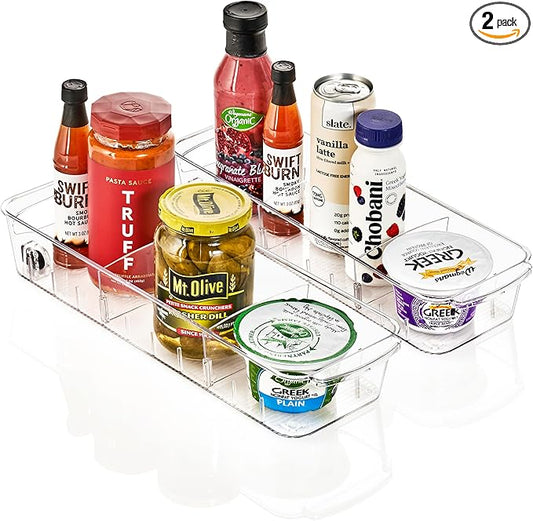 Sorbus Fridge Organizer on Wheels - Rolling Fridge Organizers and Storage Clear Design with Dividers & Handles for Kitchen Organization and Storage (Flat Top, Small - 2 Pack)