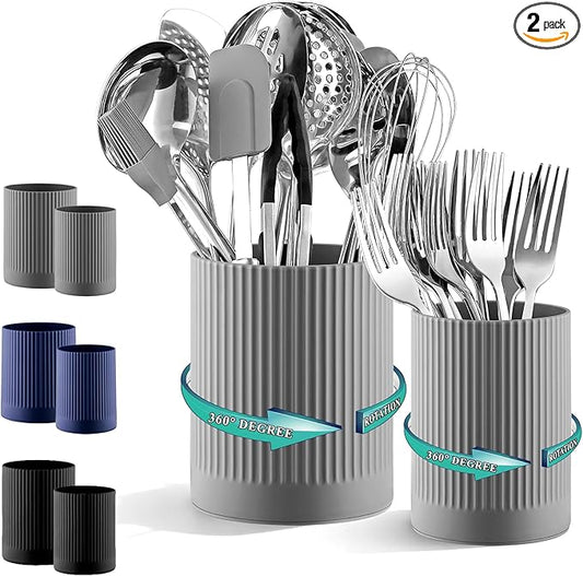 Kyraton Cooking Utensils Holder 2pcs, 360° Rotating Heavy Duty Plastic Kitchen Utensil Holder for Countertop, The Small Utensil Crock for Cutlery Silverware, Tooth Brush, Desk Pencil Pen