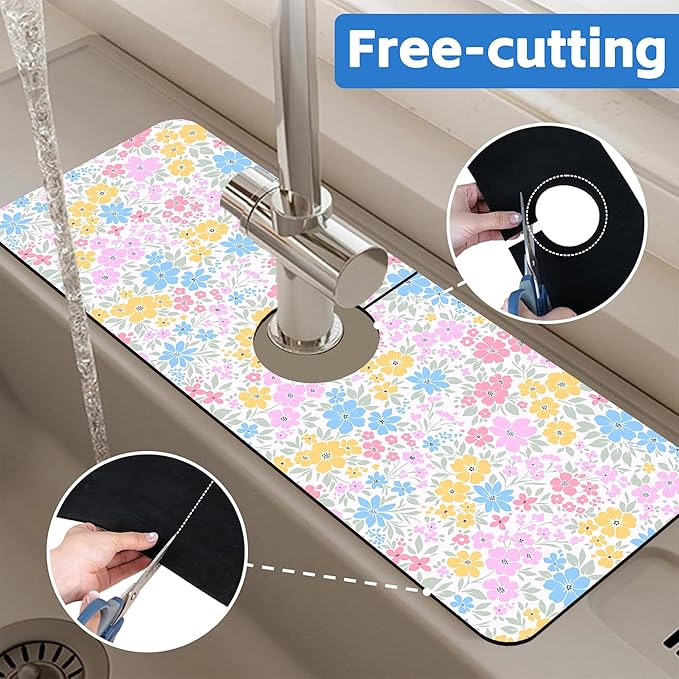 Retro Floral Cute Wildflowers Dish Drying Mat for Kitchen Sink Splash Guard Behind Faucet Sink Mat Absorbent Fast Drying Faucet Draining Mat for Bathroom Kitchen 5.5"×24"
