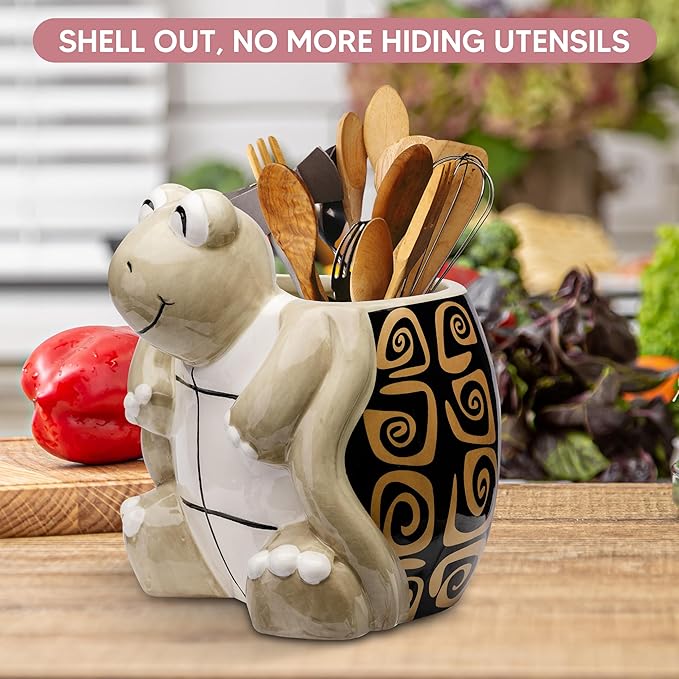 Turtle Kitchen Utensil Holder - Sea Turtle Storage Crock - Tortoise Home Decorations - Gift Decor - Office Holiday Theme Party Accessories - Lucky Gold Spirals
