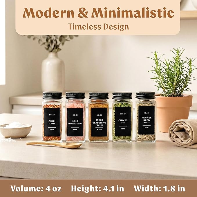 Glass Spice Jars with Label and Black Aluminum Lids (24 x 4oz) Spice Containers with 240 Labels, Shaker Inserts, Steel Funnel, Empty Square Seasoning Organizer (Black Aluminum Lid)
