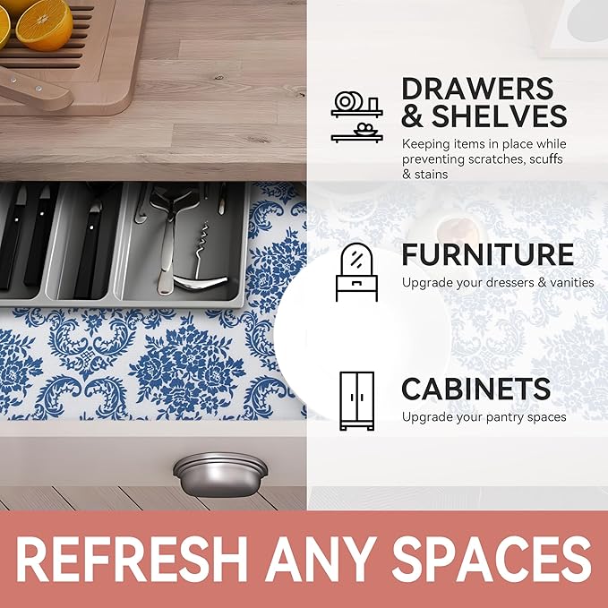 RAY STAR Shelf Liner, 18 Inch x 8 Feet Non Adhesive Floral Kitchen Cabinet Liner for Pantry Drawer Vanity, Strong Grip Non Slip Waterproof, Shelf Liners for Kitchen Cabinets Cupboard Vintage Navy Blue