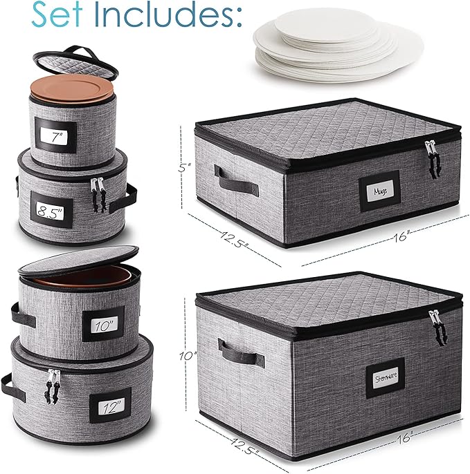 Hearth & Harbor Fine China Storage Containers, 6 Piece Dish Storage Containers, Stackable Plate Storage, Coffee Mug Storage and Wine Glass Storage Box with Dividers, Quilted Dish Organizers, Grey