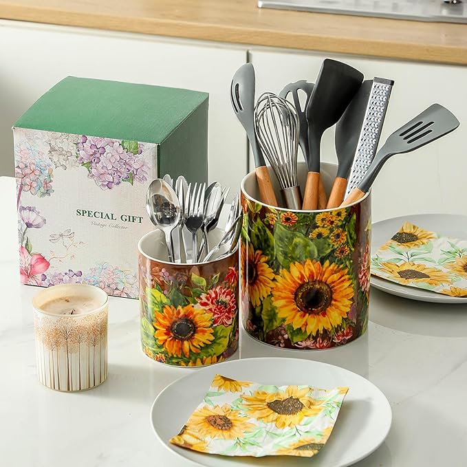 7"+5.3" Oil Painting Sunflower Utensil Holder,Large Kitchen Utensil Holder Organizer,Stable Utensil Crock Spatula Holder for Kitchen Counter Countertop Farmhouse Cooking Tools Holder