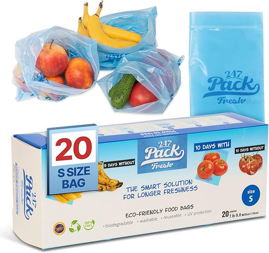 Freshpack 247 Food Bags – Tear-Off Bags on a Roll, Reusable, Ethylene Absorption Helps Keep Food Fresh up to 3× Longer – Biodegradable, BPA-Free, UV-Shielded, SGS Tested (Small)
