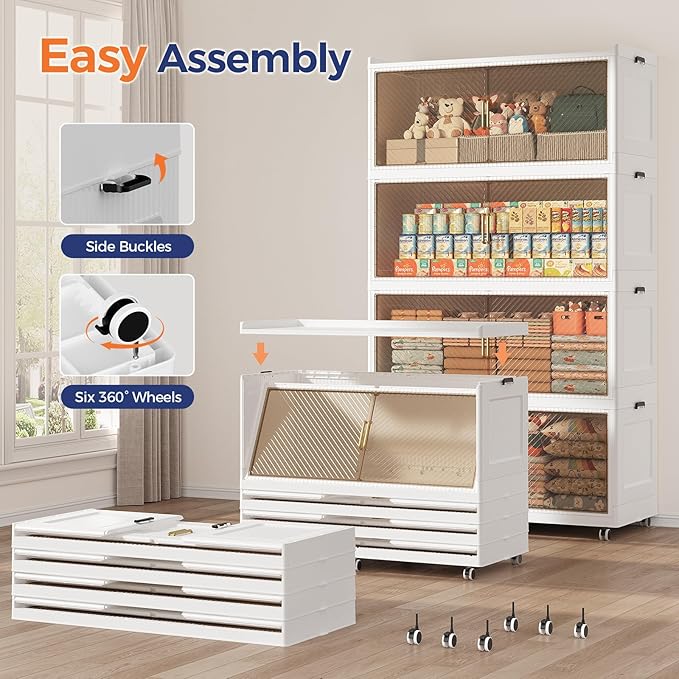 Fangtueh 240 Gallon Extra Large Collapsible Storage Bin with Lid, 960QT Stackable Plastic Organizer with 6x Wheels, Foldable Drawer Cabinet for Closet, Living Room Office, Kitchen 3Pack, White
