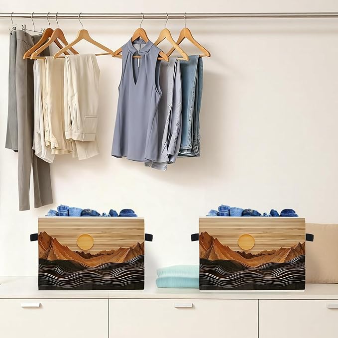 Boho Abstract Sun Mountain Storage Box Bins, Rustic Modern Abstract Boho Collapsible Storage Basket Organizer for Bedroom Laundry Room Home Clothes Toys Books, Toybox for Kids