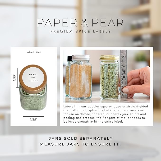 Paper & Pear Round Spice Jar Labels Preprinted Waterproof - Modern Style White Spice Labels Stickers Preprinted Waterproof - Oil & Tear Resistant Seasoning Stickers - Set of 80, 1.35 Inches (No Jars)