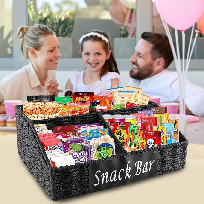 Snack Organizer for Countertop, Trapezoid 3 Compartment Snack Basket Snack Box Container , Snack Bar Organizer, Paper Rope Basket for Kitchen Pantry Organizers and Storage, Black