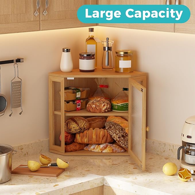BEWISHOME Bread Box for Kitchen Countertop,Double Layer Bamboo Wood Large Capacity Bread Storage Bin, Bread box with Acrylic Wavy Door Panel(Meduim)