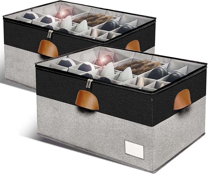 RONCHIL Shoe Organizer for Closet, Foldable Shoe Storage Bins with Clear Cover, Space Saving Shoes Holder with 4 Handles, Large Adjustable Shoe Box Storage Containers, Fits 12-24 Pairs, 2 Pack, Black