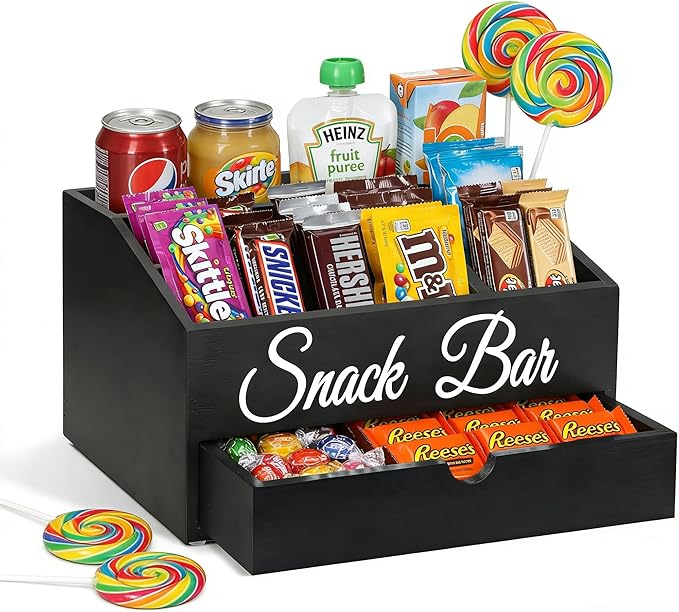 Snack Organizer for Countertop, Wooden Snack Tray and Food Storage Organizer Bins for Kitchen, Office, Large 6-Compartment Snack Bar Organizer with Drawer, Snack Containers for Chips and Candy