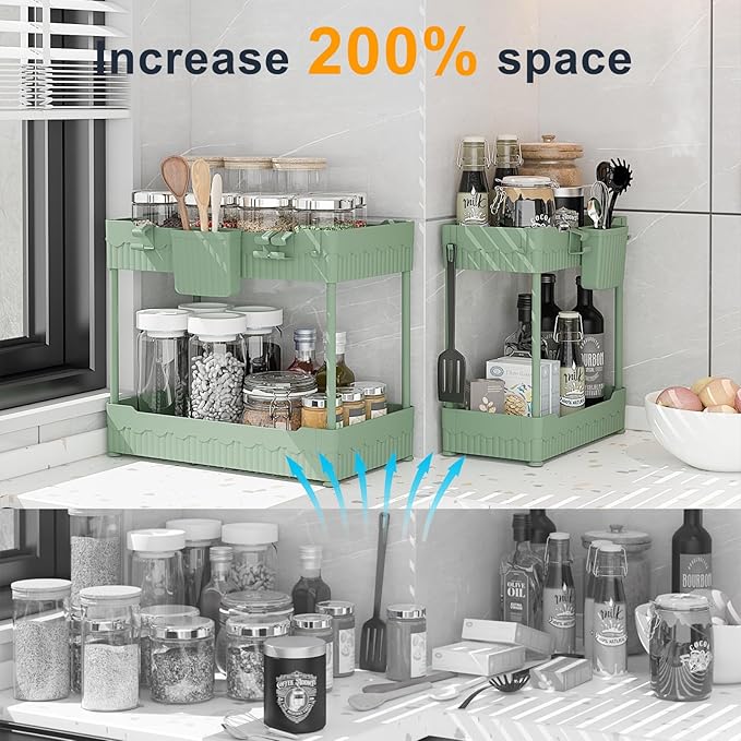 Sevenblue 2 Pack Under Sink Organizer, Under Bathroom Cabinet Organizer with Hooks Hanging Cup, Multi-Purpose Storage Shelf for Kitchen Bathroom (Green, L)