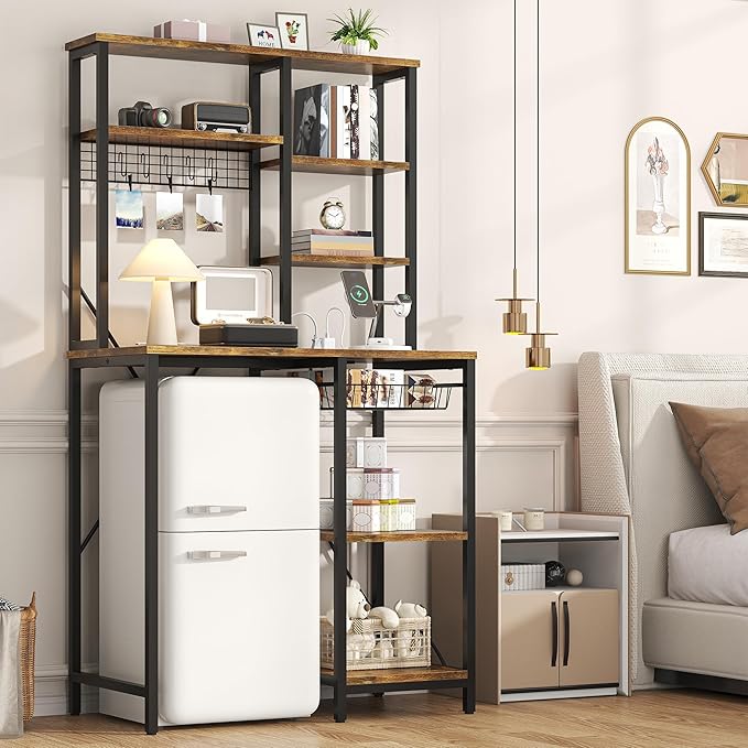 Mini Fridge Stand with Storage, Microwave and Coffee Bar Organizer with Power Outlet, Bakers Rack Storage Shelves for Kitchen Appliances, Perfect for Dorm Kitchen Coffee Bar, Vintage Brown