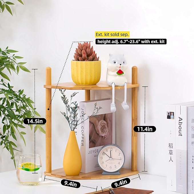 2-Tier Expandable Bamboo Corner Shelf - Dish/Plate Organizer for Cabinet, Kitchen Counter Shelf & Small Kitchen Shelf, Adjustable(1, 11.4" H)