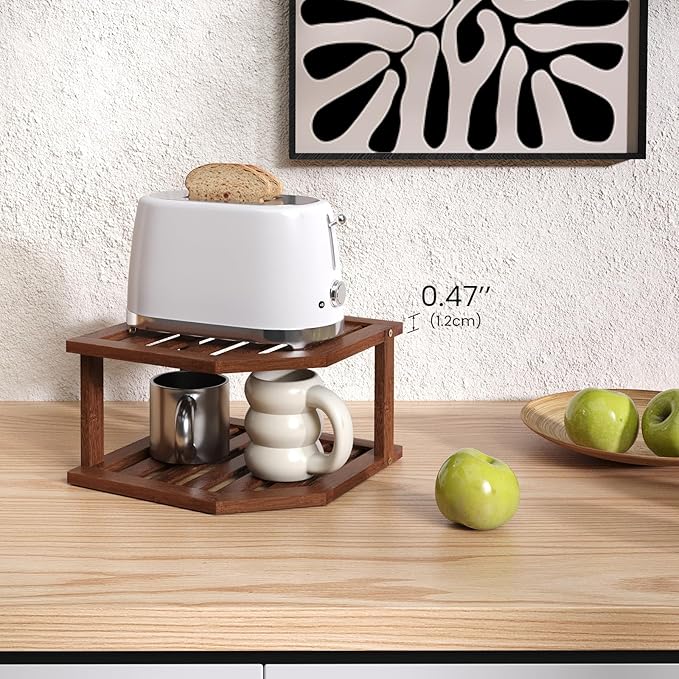 Bamboo Corner Shelf,2 Tier Plate Organizer for Cabinet and Countertop,Pantry Dish and Spice Rack for Kitchen（Brown）